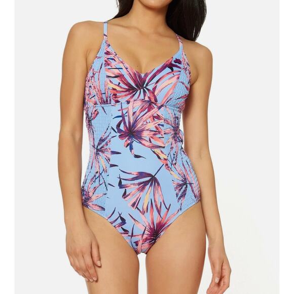 Jessica Simpson V Neck Smocked Side One Piece Swimsuit Lilac Palm Print Small - Picture 1 of 6